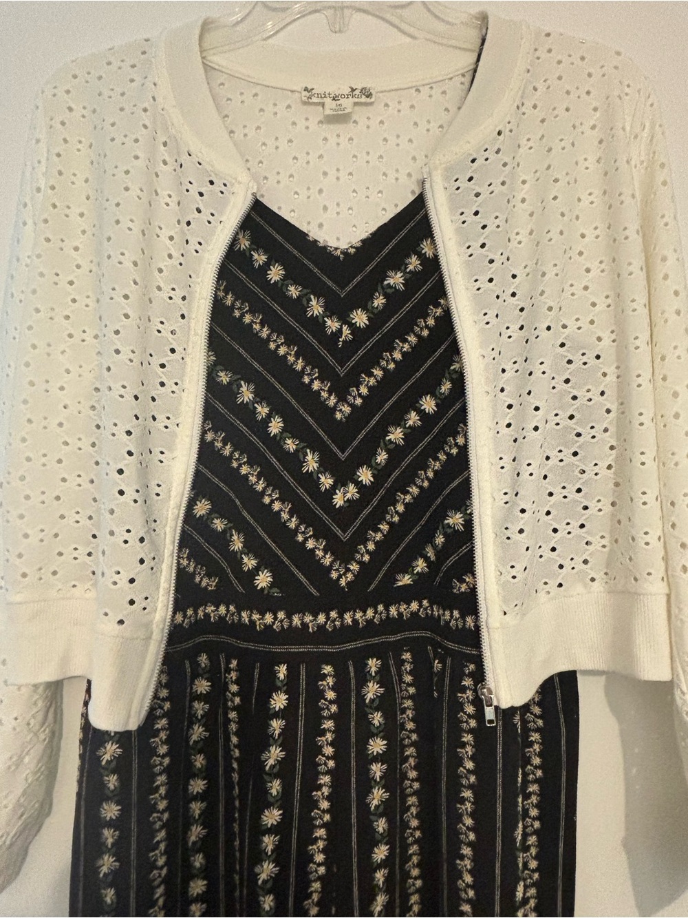 Girls’ Black Floral Wide Leg Jumpsuit with White Eyelet Cardigan, size 16